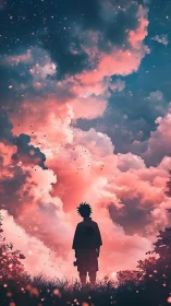 Silhouetted wanderer beneath glowing pink storm clouds.