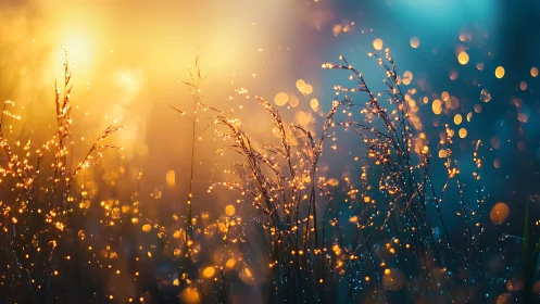 Dawnlit meadow sparks with amber droplets and dusk glow.