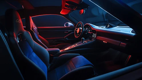 Neon midnight cockpit bathing a luxury sports car interior.