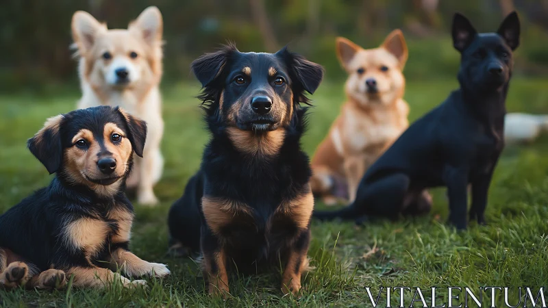 Shallow-depth portrait of five mixed-breed dogs on grass at dusk