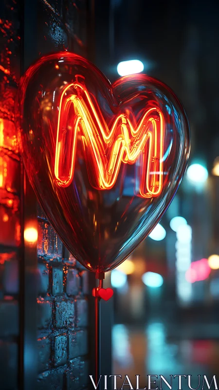 Neon heart balloon glows against a rainy city alley wall.