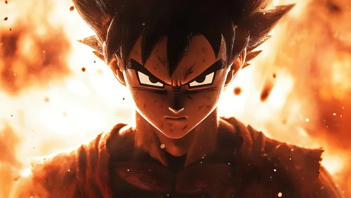 Fierce anime hero standing strong in a blaze of orange fire.
