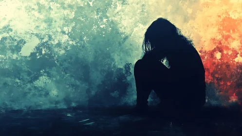 Silhouetted seated figure is framed by contrasting color fields