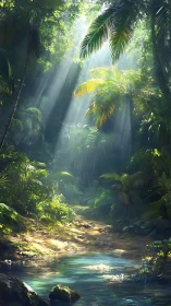 Sunlit rainforest stream with palm fronds filtering golden light.