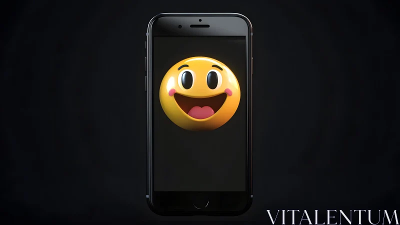 Happy emoji on smartphone screen, digital art with dark background.