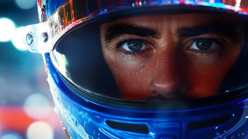 Racing driver stares forward through reflective blue helmet