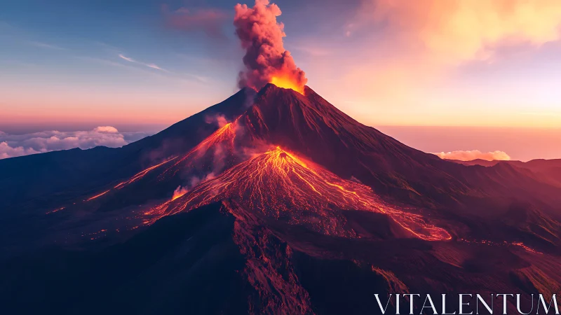 Stratovolcanic eruption with radiating lava channels at dusk.