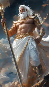 Storm god stands over clouds in radiant golden armor.