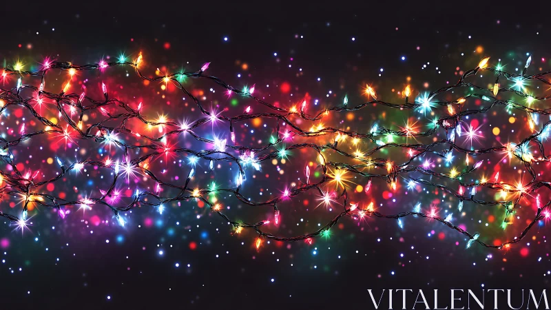 Multicolored string lights form dense horizontal bands on black