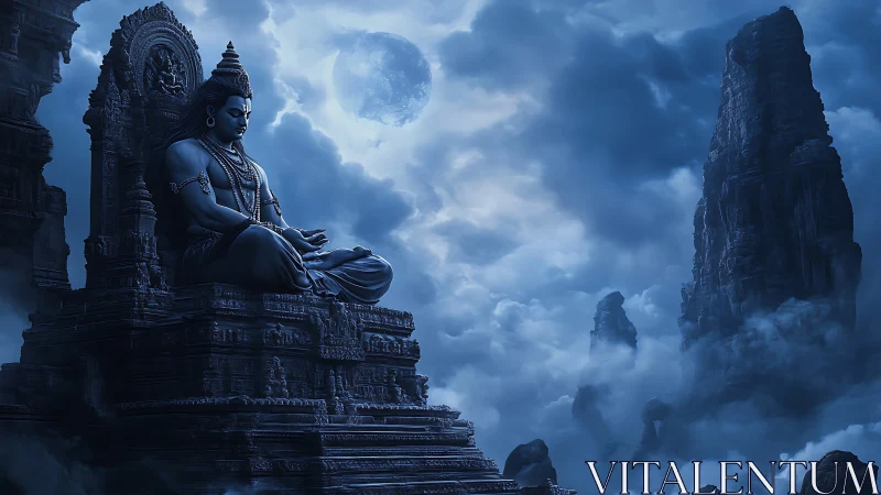 Monumental seated deity statue amid misty mountain clouds.