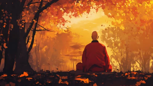 Solitary monk observing distant temple in autumn forest.