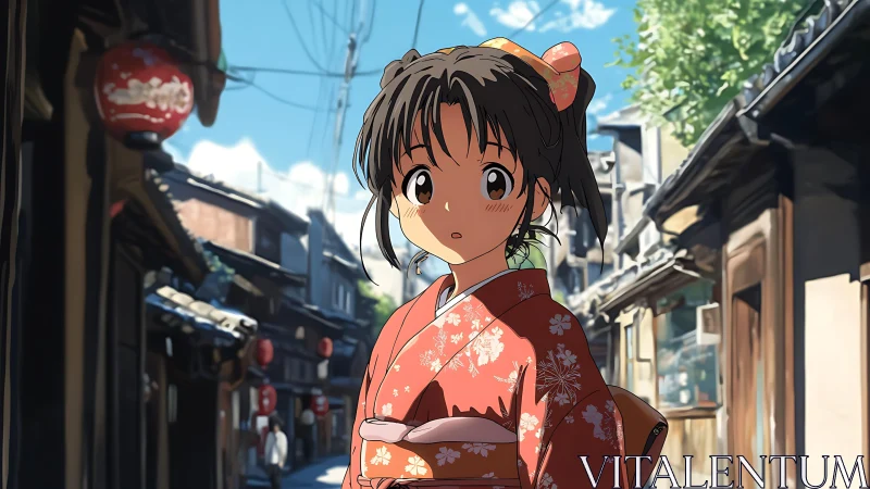 Street-side surprise for a kimono girl in sunlit old town.
