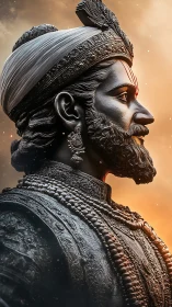 Regal warrior statue in ornate armor against glowing sky.