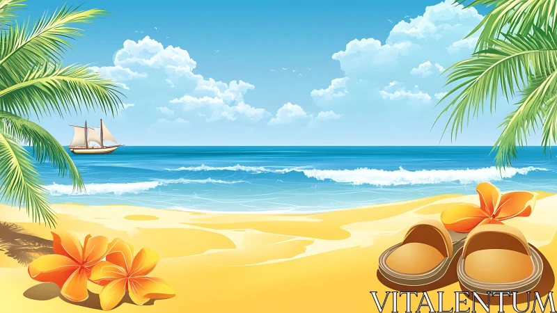 Tropical beach illustration with sandals, flowers and sailboat.