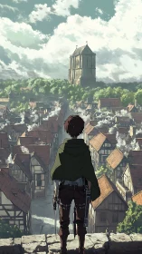 Cloaked figure surveys dense medieval town from parapet.