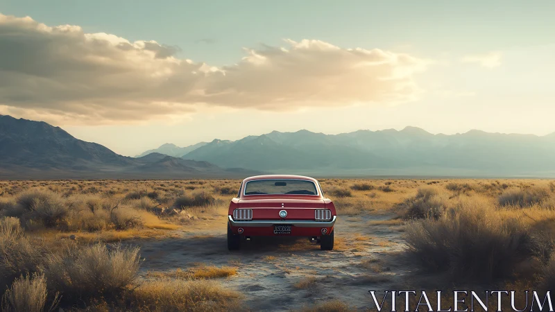 Red classic car sits on desert track facing distant mountains