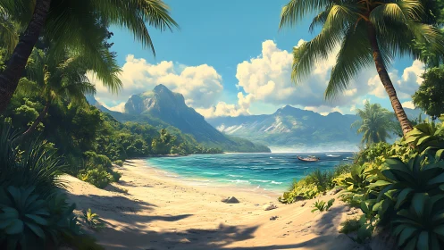 Tropical Island Paradise: Sandy Beach Cove with Mountain Vista