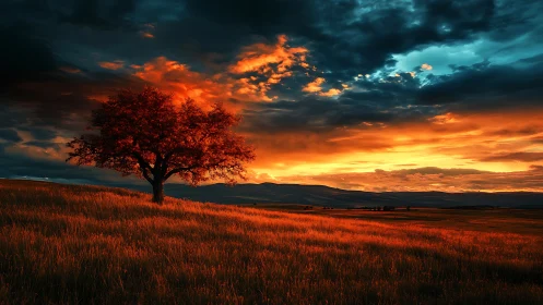 Lone ember tree glows against a storm-lit sunset sky.
