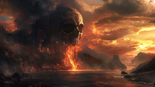 Colossal skull fortress erupts molten lava into coastal river