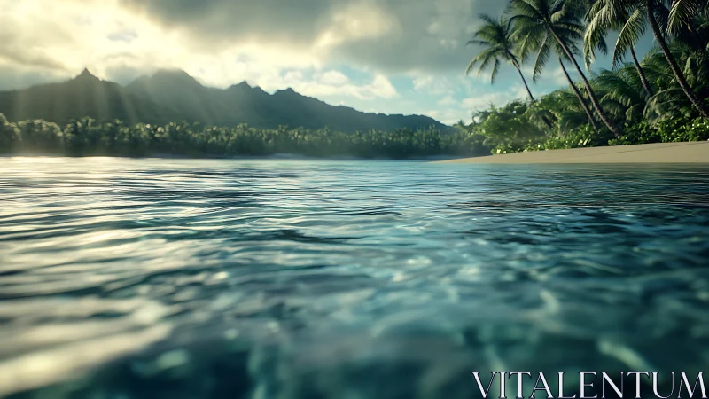 Tropical Paradise Beach at Dawn with Distant Mountains