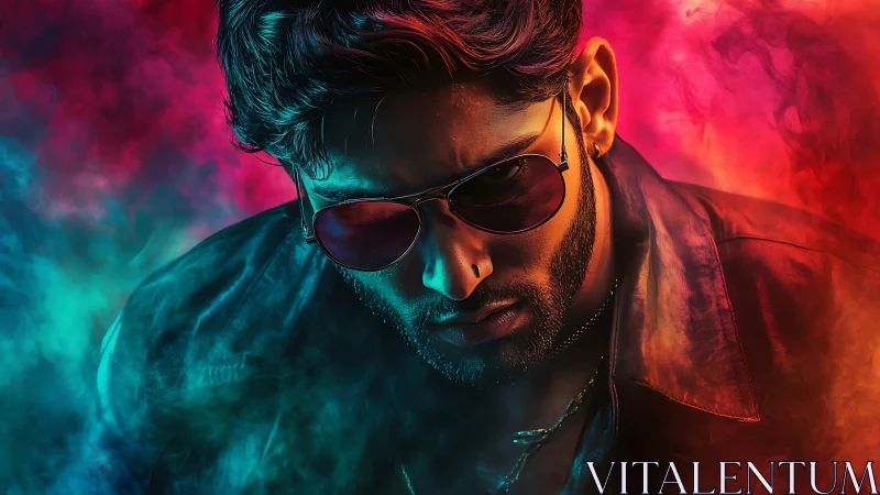 Moody portrait in neon smoke with cinematic dual lighting.