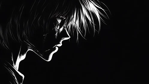 Brooding anime profile emerges from stark monochrome shadows.