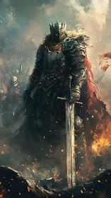 Armored warlord stands amid embers in cinematic fantasy battlefield