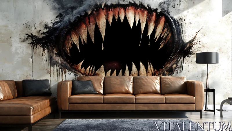 Bold living room with dramatic monster mural centerpiece.
