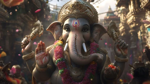 Divine Ganesha idol rendered in cinematic photorealistic detail
