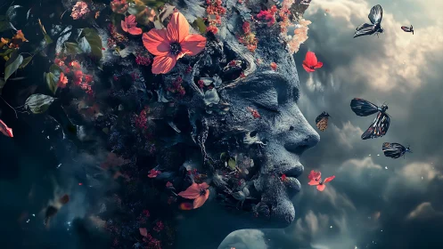 Surreal floral stone visage with butterflies in atmospheric cloudscape.