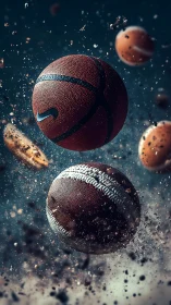 Exploding sports balls in dynamic suspended motion scene.