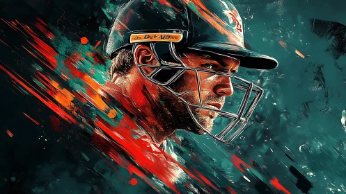 Cricket batter portrait in helmet amid abstract streaks.