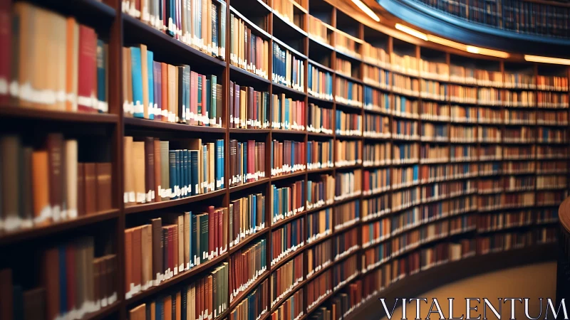 Curved archival library stacks under warm laminar lighting.