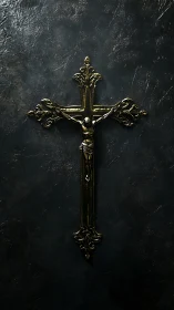 Quiet golden crucifix rests gently on a dark textured wall