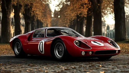 Classic red race car glowing softly on an autumn avenue.