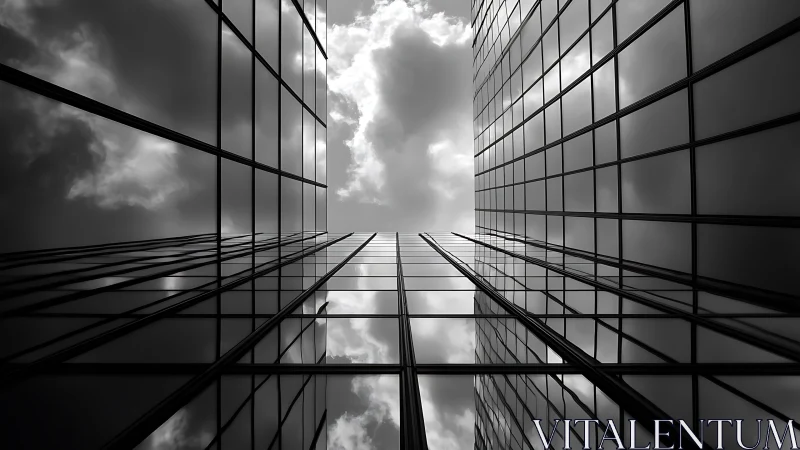 Glass towers reflect storm clouds in stark symmetry.