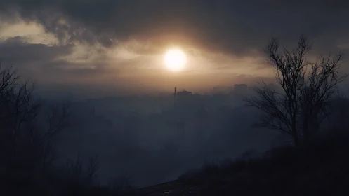 Desolate urban sunrise over misty industrial horizon.