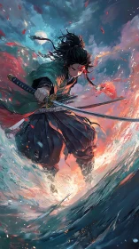 Samurai swordsman slashes through ocean spray in dynamic surge