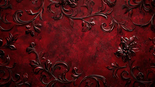 Deep red floral swirls create a rich ornamental frame