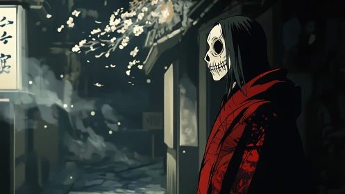 Masked figure in red robe under night blossoms, alleyway.