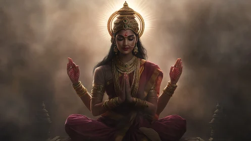 Divine Indian goddess in meditative lotus pose with haloed backlight