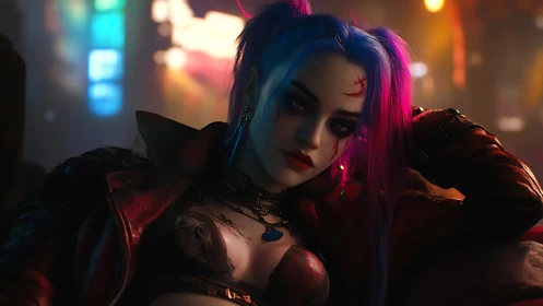 Cyberpunk portrait in neon bar lighting, shallow depth focus.