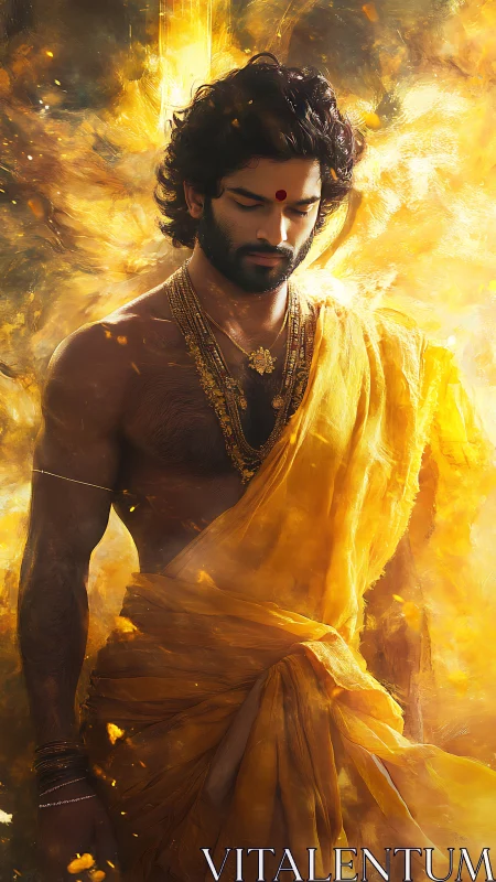 Male figure in yellow drape stands amid glowing golden haze