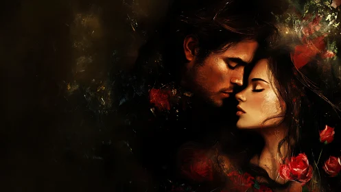 Romantic Embrace Amidst Red Roses in Dramatic Candlelight.
