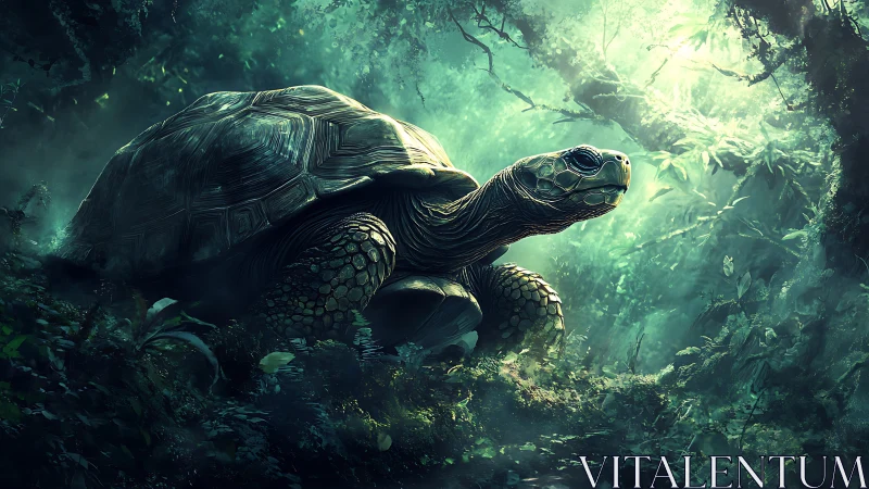 Giant tortoise stands in dense glowing jungle forest.