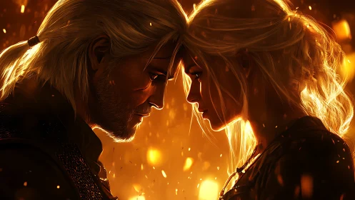 Two figures backlit by golden luminescence share intimate moment