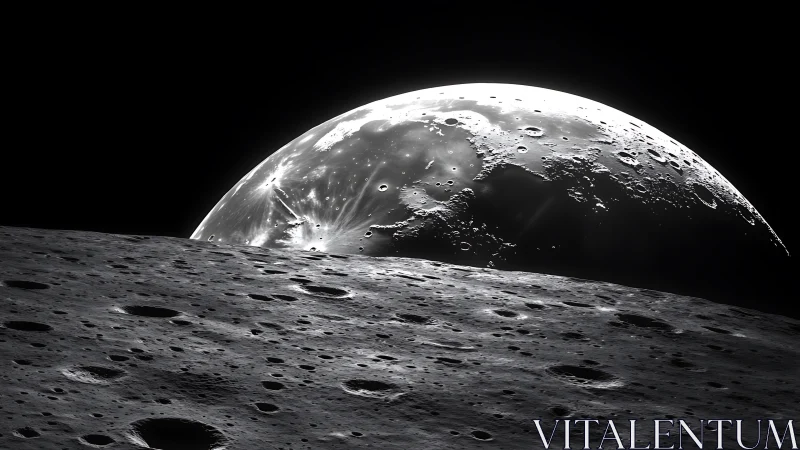 Lunar surface foreground with partially illuminated Earth horizon.