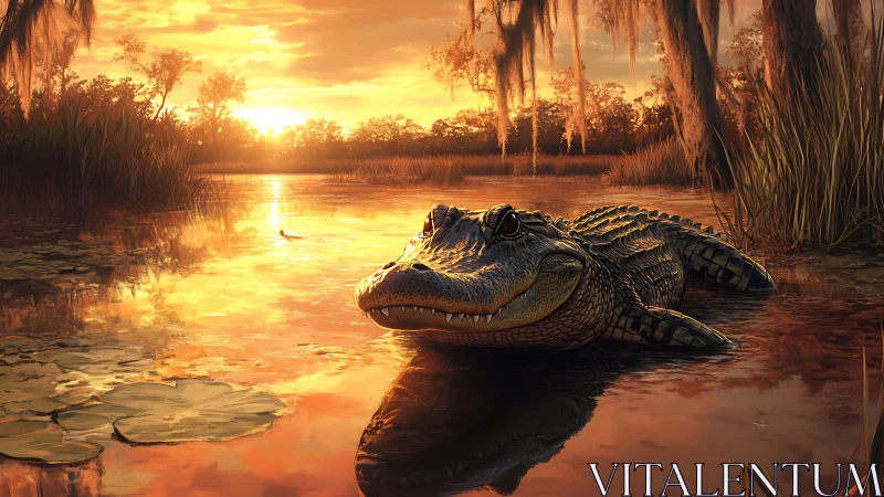 Alligator rests in golden sunset swamp with warm reflections
