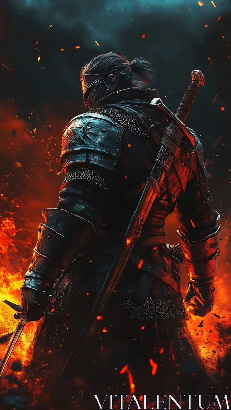Armored swordsman stands amid fire and rising embers.
