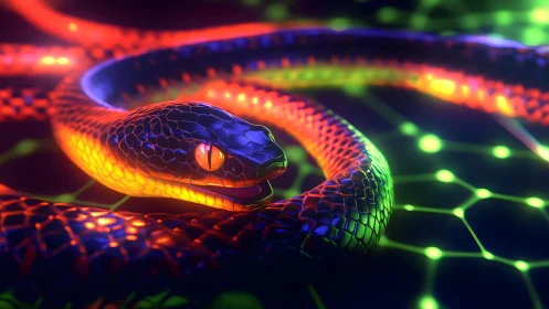 Neon snake on glowing grid background, digital art with vivid colors.